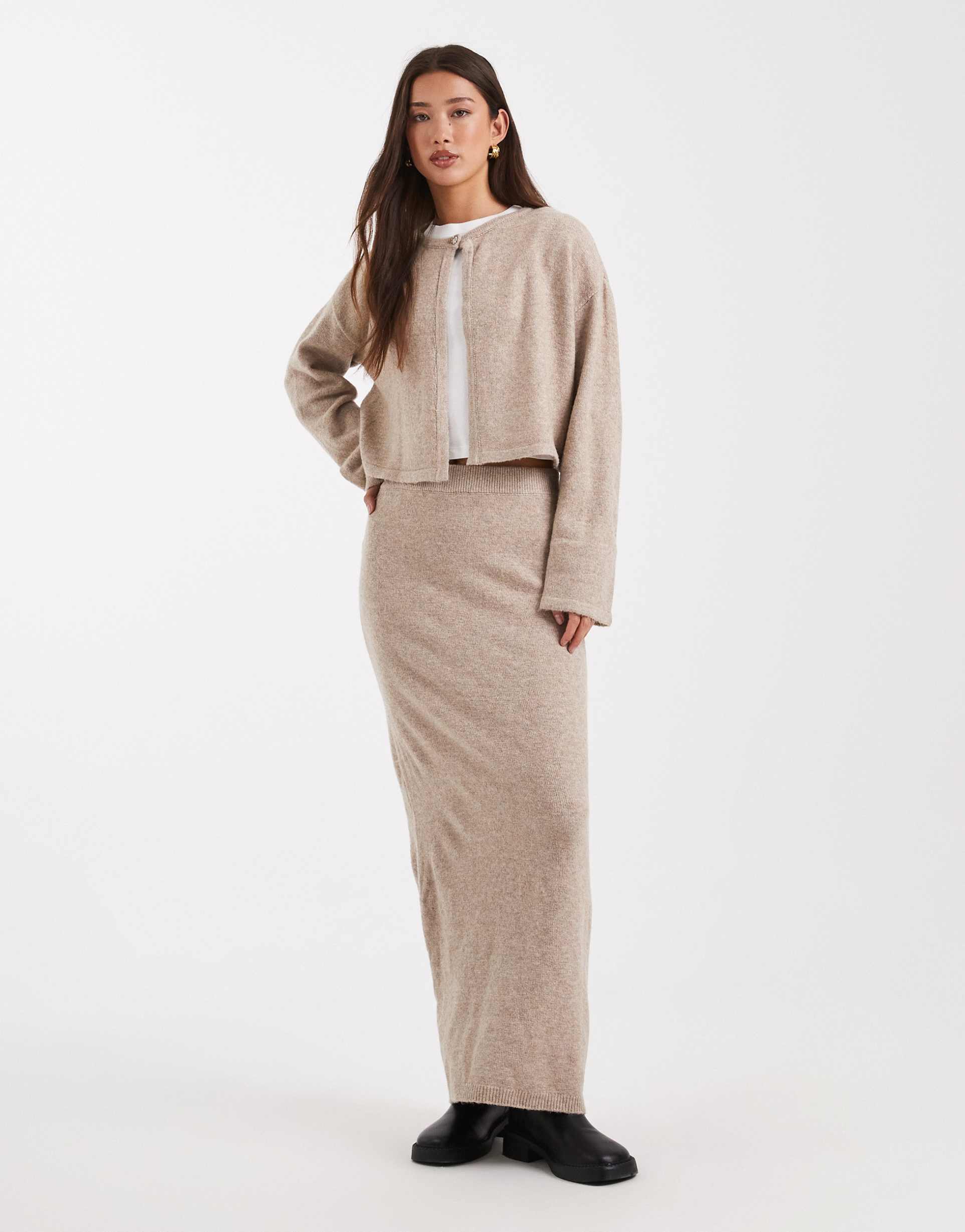 pieces knit midi skirt in taupe/gray melange - part of a set