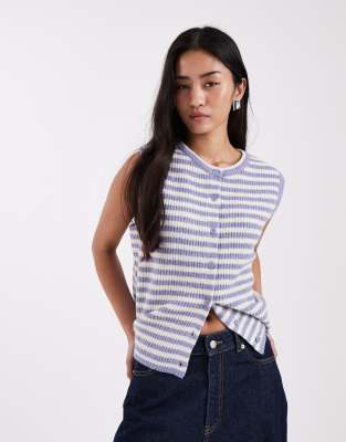 Pieces Knitted Button Front Vest In Blue