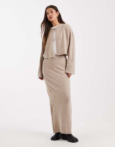 Pieces knitted cardigan and maxi skirt set in taupe melange - view 1