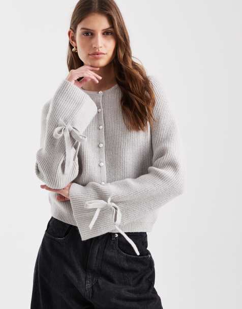 Pieces knitted cardigan with pearl buttons and bow tie cuffs in light grey melange - view 1