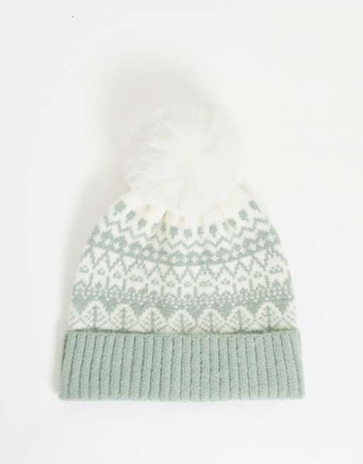 Pieces knitted fairisle hat with pom in jadeite
