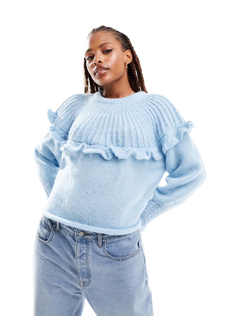 Pieces Knitted Frill Sweater In Baby Blue