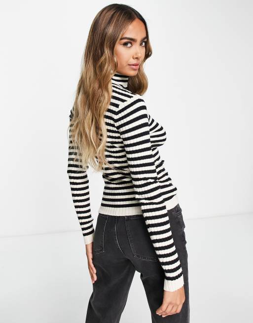 Pieces knitted high neck sweater in black stripe