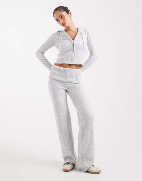 Pieces knitted hoodie and foldover flare lounge pants set in light grey marl - view 1