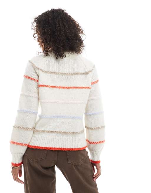 Pieces knitted jumper with multi stripe detail in cream, 2 of 4