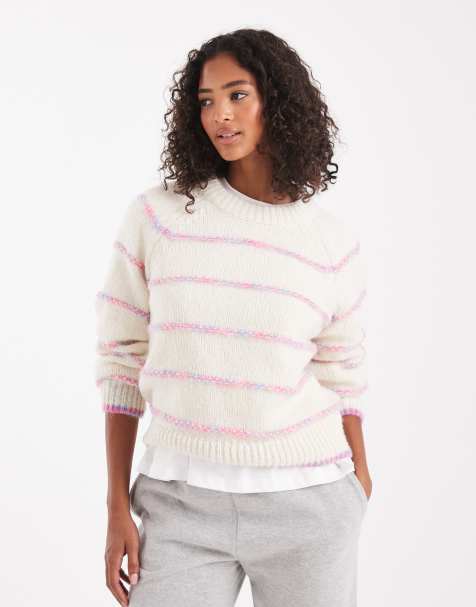 PIECES knitted jumper with pastel stripe detail in cream - view 1