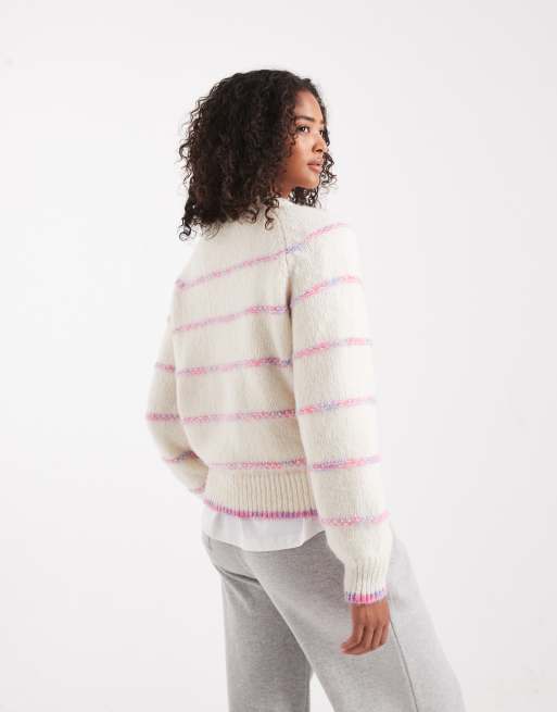 Pieces knitted jumper with pastel stripe detail in cream, 4 of 4