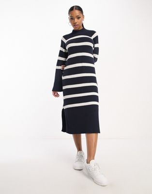 Pieces Amelia knitted midi dress in navy & white stripe