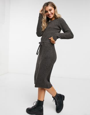 tie waist long sleeve knit midi dress