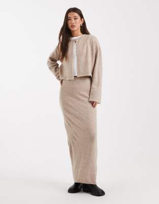 Pieces Pieces knitted midi skirt co-ord in taupe grey melange