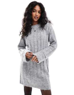 knitted mini dress with wide sleeves in medium gray melange