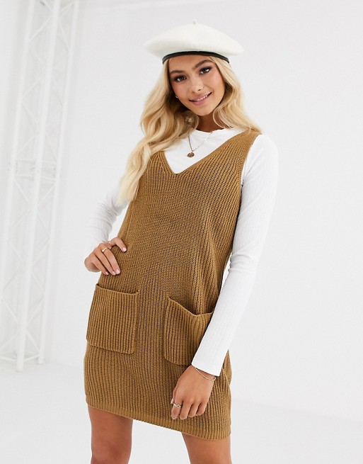 Pieces knitted pinafore mini dress in camel