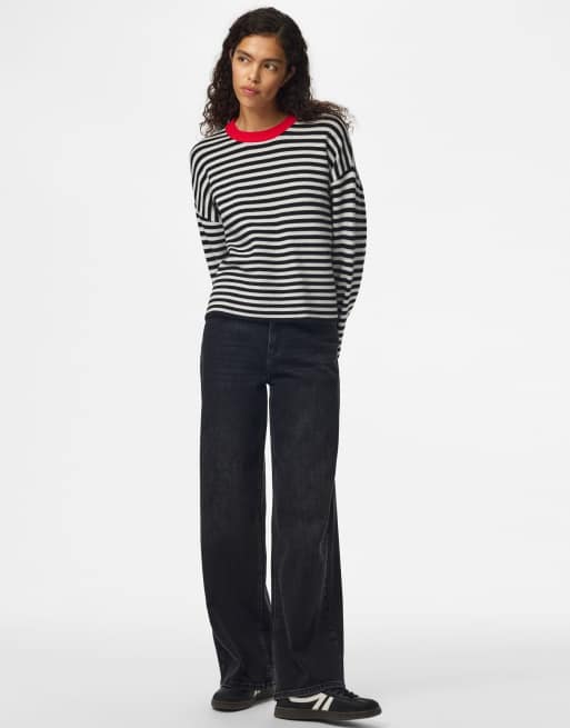 Pieces Knitted pullover in with red neckline and black and white stripes, 3 of 7