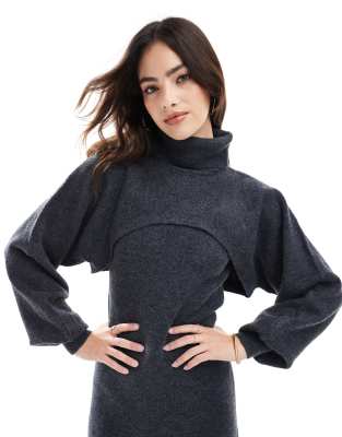 knitted roll neck cropped sweater in charcoal - part of a set-Gray