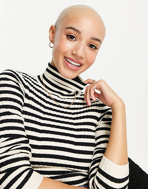 Pieces knitted roll neck top in cream and black stripe