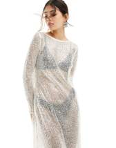 Weekday Net rhinestone mesh long sleeve maxi dress in silver