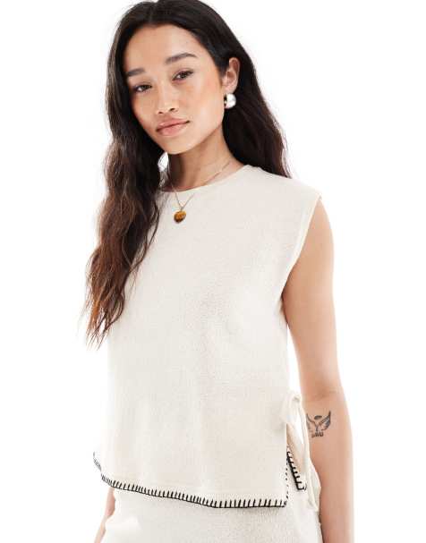 Pieces knitted tank top with contrast stitch co-ord in sandshell - view 1