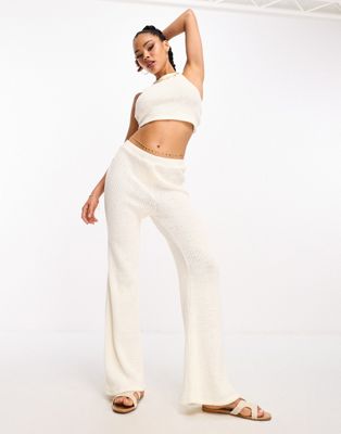 Pieces knitted wide leg trousers co-ord in white