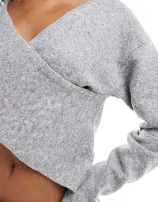 Pieces knitted wrap front sweater in light gray - part of a set