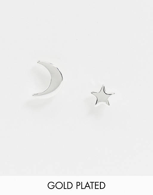 Pieces – Kolczyki wkrętki w kształcie gwiazdki i księżyca platerowane 18-karatowym srebrem wysokiej próby