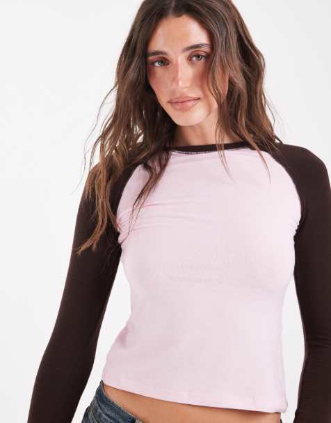 Pieces kontrastfärgad långärmad slim t-shirt i ljusrosa och brun - view 1