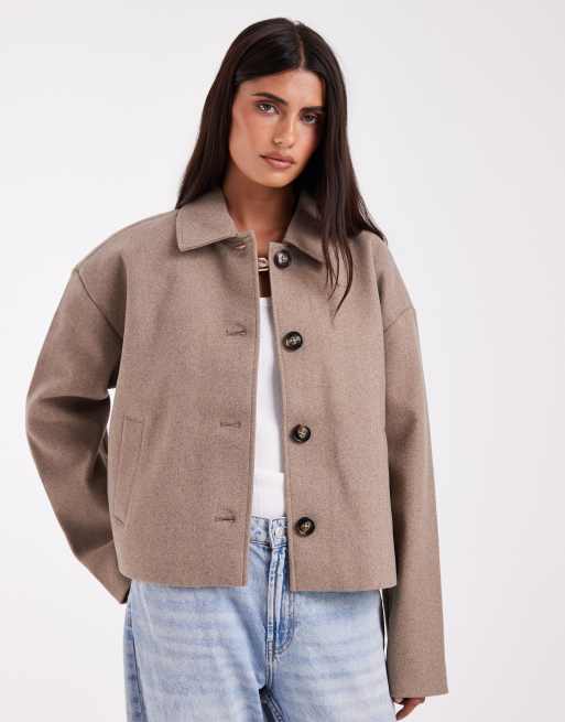Pieces korte formele jas met wollook in beige gemêleerd, 2 van 4
