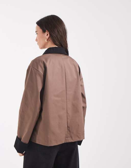 Pieces korte trenchcoat met kraagdetail van koord in bruin, 4 van 4