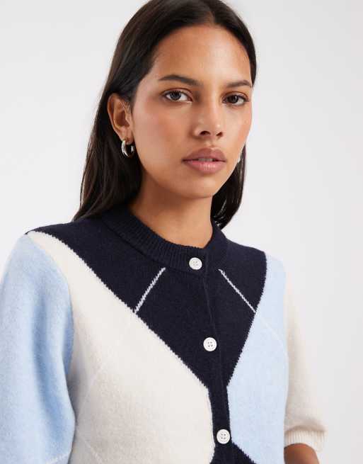 Pieces kortærmet strikket cardigan med navy argyle-print, 4 af 4