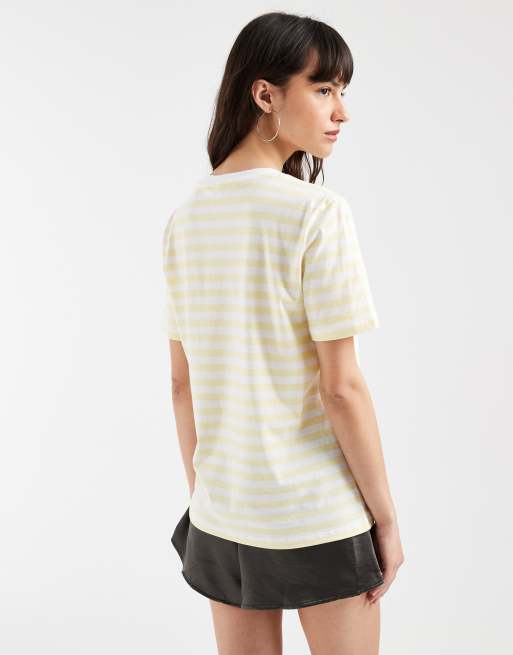 PIECES - KOrtærmet T-shirt med firkantet pasform og lysegule/hvide striber, 4 af 4
