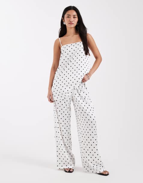 Pieces – Krämvitt och svart, prickigt set i satin med linne och byxor med vida ben - view 1