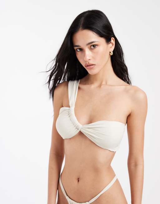 Pieces – Kremowe brokatowe bikini: góra na jedno ramię i dół z paskami po bokach, 2 z 3