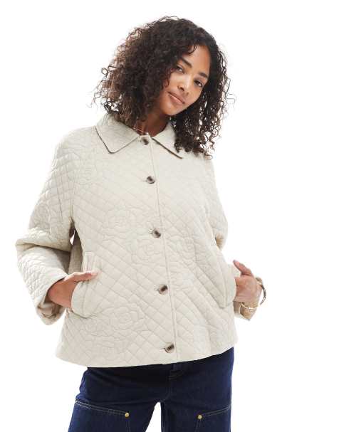 Pieces rose embroidered quilted jacket in cream