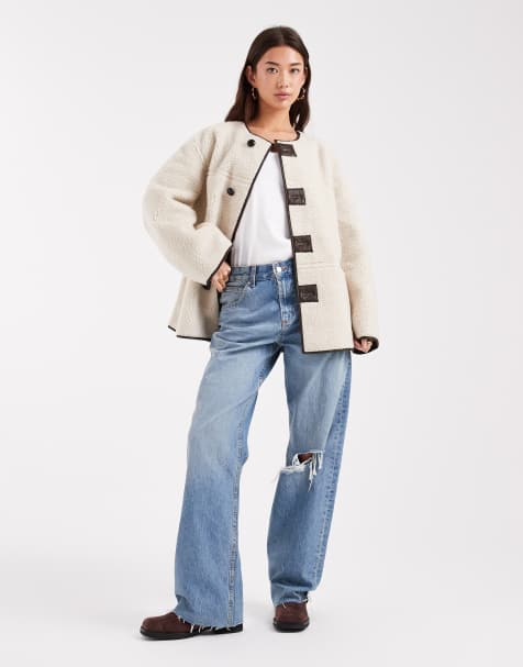 Pieces reversible teddy and faux leather jacket in cream and brown