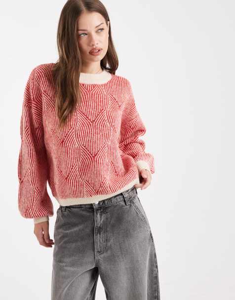 Pieces – Kremowo-czerwony sweter z fakturowanej dzianiny ze wzorem - view 1