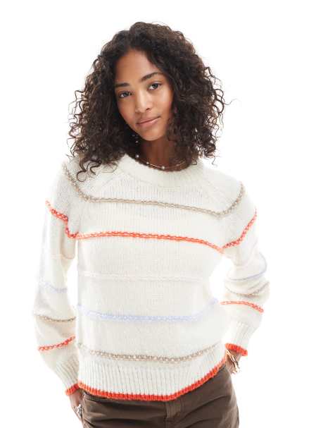 Pieces – Kremowy dzianinowy sweter w kolorowe paski - view 1