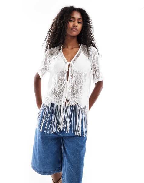 Pieces tie front western cardigan with fringe hem in cream