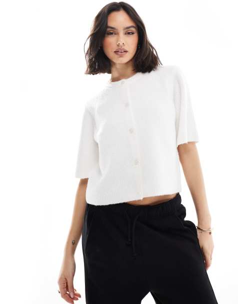 Pieces soft knit short sleeve cardigan in cream