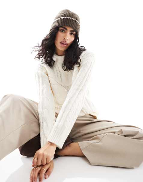 Pieces spliced cable knit detail jumper with split front in cream