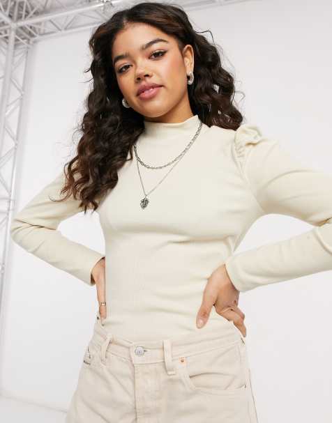 Pieces roll neck top with volume sleeve in cream
