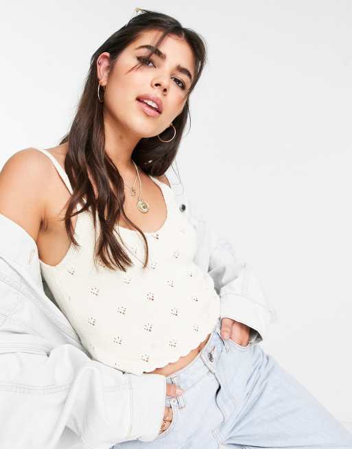 Pieces – Krótki, kremowy top na ramiączkach z bawełnianej wzorzystej dzianiny – CREAM