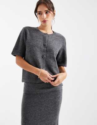 Pieces - Kurzärmlige Strickjacke in Mittelgrau meliert, Kombiteil
