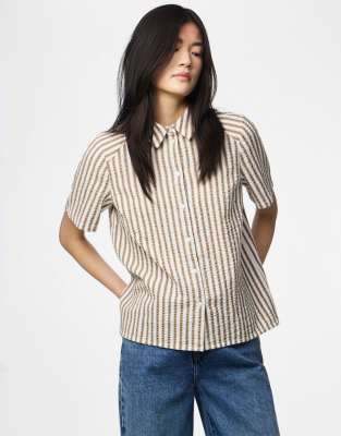 Pieces - Kurzärmliges Hemd in Graubeige-Brown