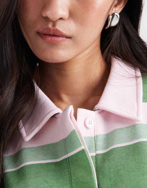Pieces – Kurzärmliges Polo-Sweatshirt in Grün und Rosa gestreift, 3 von 4