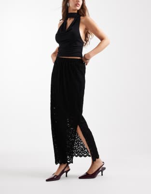 Pieces Lace Midi Skirt In Black