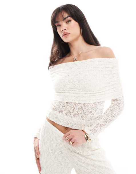 Pieces lace off the shoulder top co-ord in cream - view 1