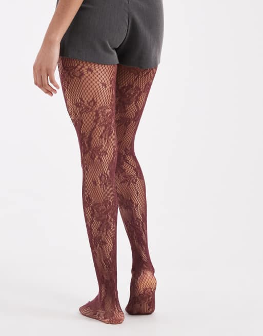 PIECES lace tights in burgundy