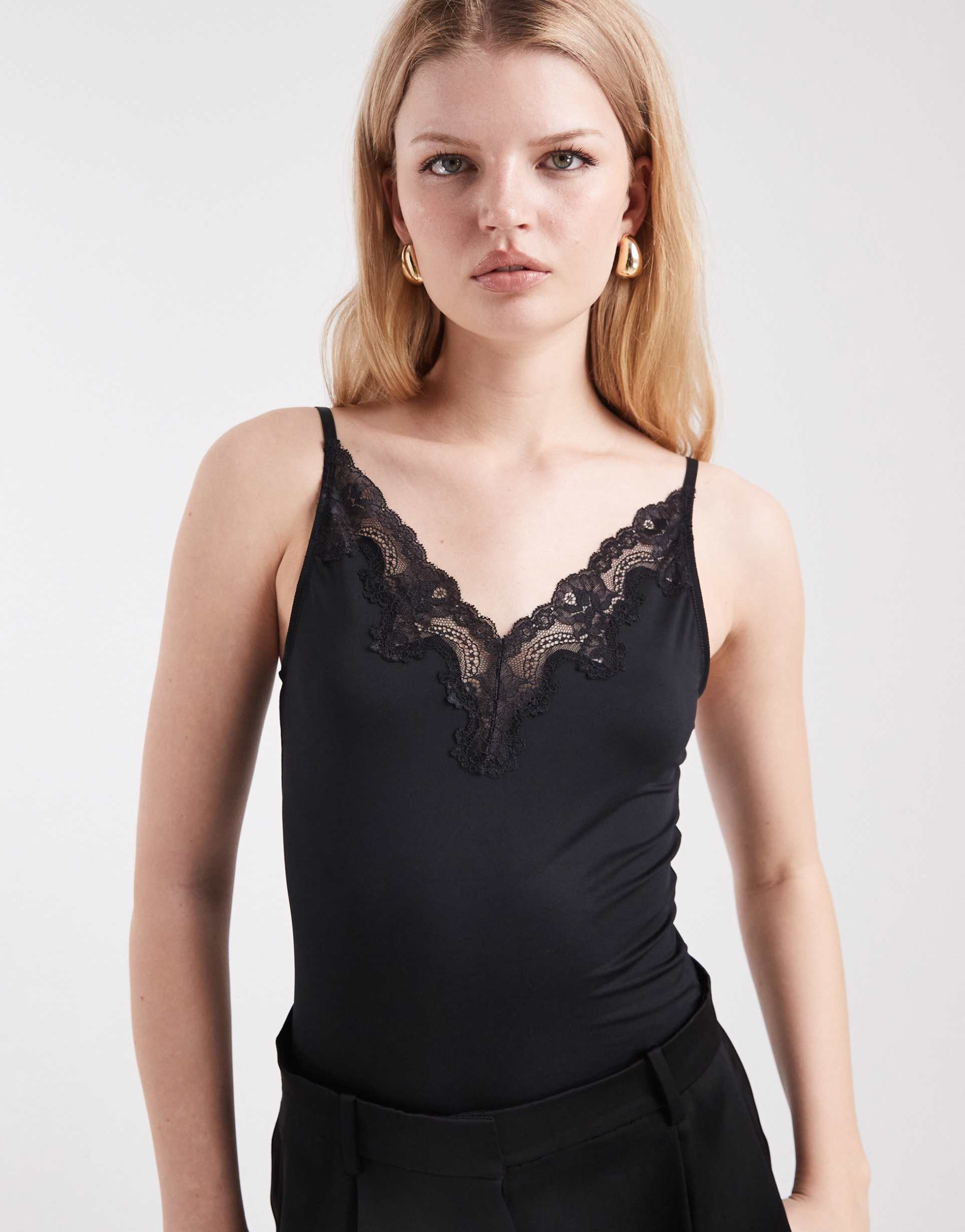 pieces lace trim bodysuit in black