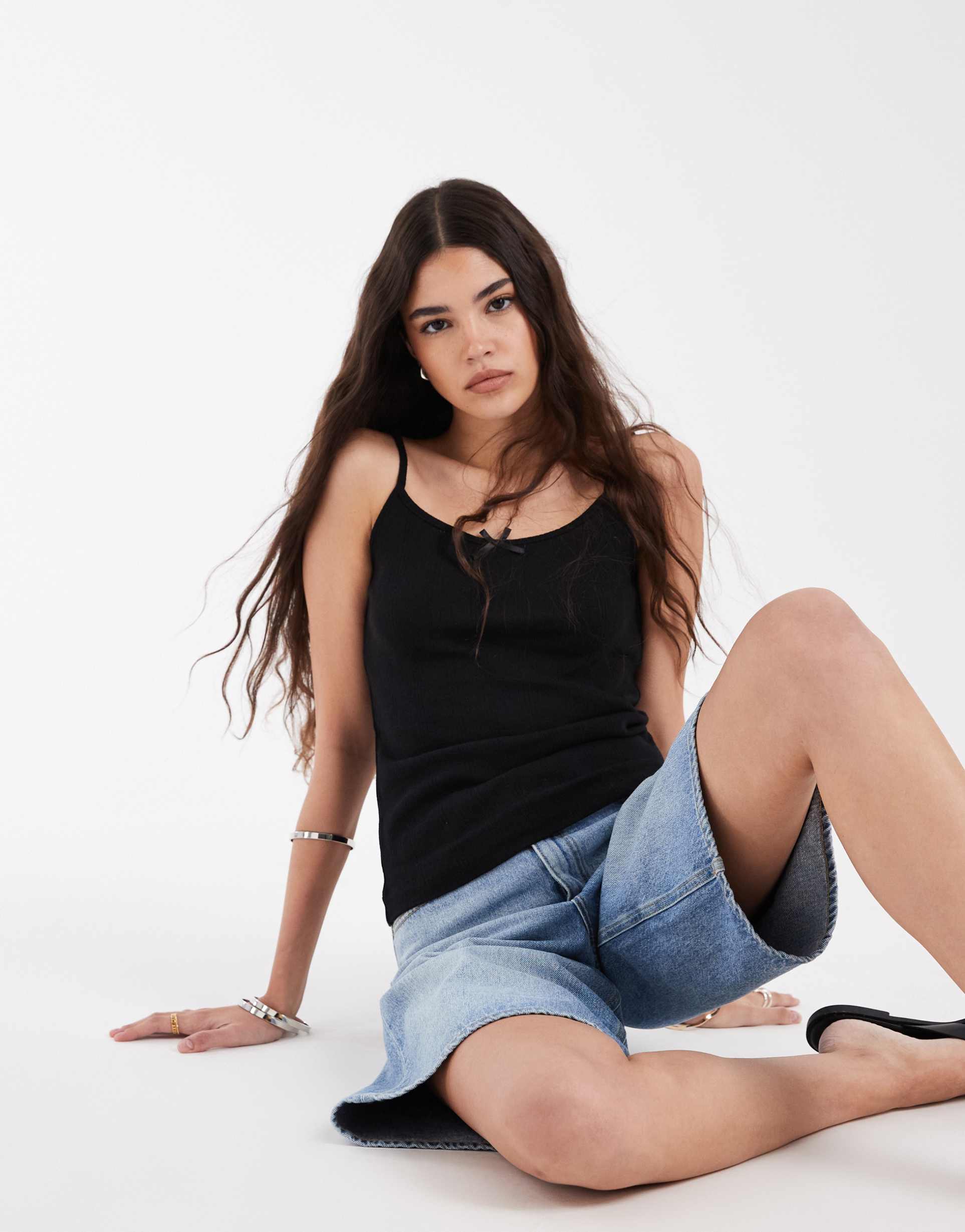 pieces lace trim pointelle cami top in black