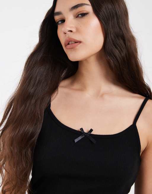 PIECES lace trim pointelle cami top in black, 3 of 4