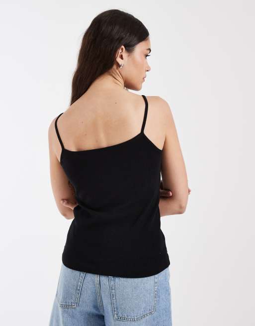PIECES lace trim pointelle cami top in black, 4 of 4